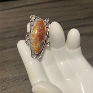 Striking Antique Silver Ring With Unique Orange Stone & Ornate Design!!